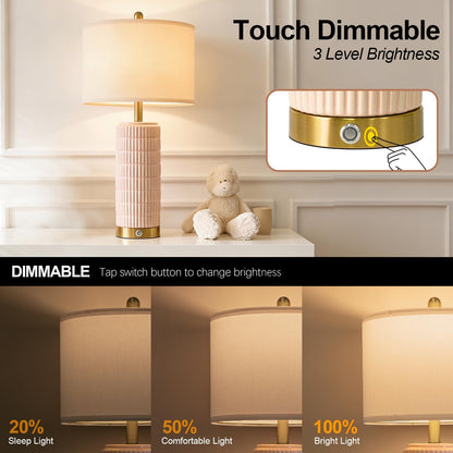 25'' Table Lamps Set of 2 for Bedroom with 3-Way Dimmable Touch Control, Bedside Lamps with USB A+C Ports for Living Room, Modern Ceramic Pink Lamps for Kids Girls Decor (2 Bulbs Included)