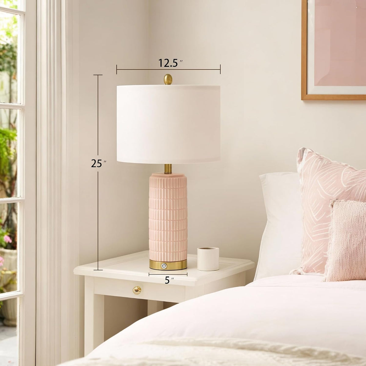 25'' Table Lamps Set of 2 for Bedroom with 3-Way Dimmable Touch Control, Bedside Lamps with USB A+C Ports for Living Room, Modern Ceramic Pink Lamps for Kids Girls Decor (2 Bulbs Included)