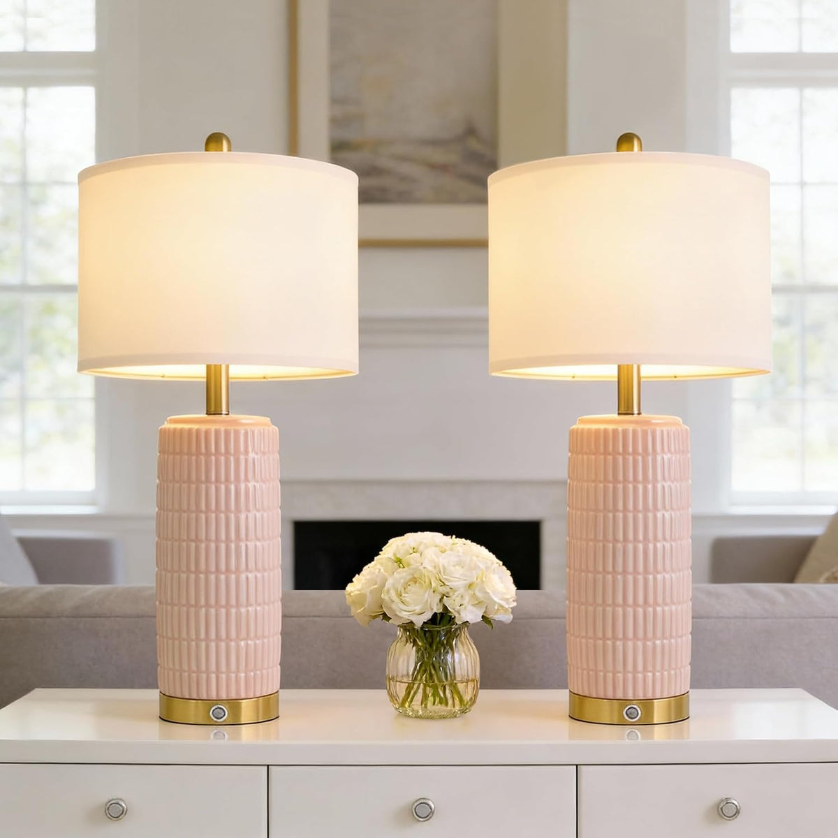 25'' Table Lamps Set of 2 for Bedroom with 3-Way Dimmable Touch Control, Bedside Lamps with USB A+C Ports for Living Room, Modern Ceramic Pink Lamps for Kids Girls Decor (2 Bulbs Included)