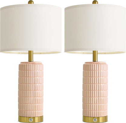 25'' Table Lamps Set of 2 for Bedroom with 3-Way Dimmable Touch Control, Bedside Lamps with USB A+C Ports for Living Room, Modern Ceramic Pink Lamps for Kids Girls Decor (2 Bulbs Included)