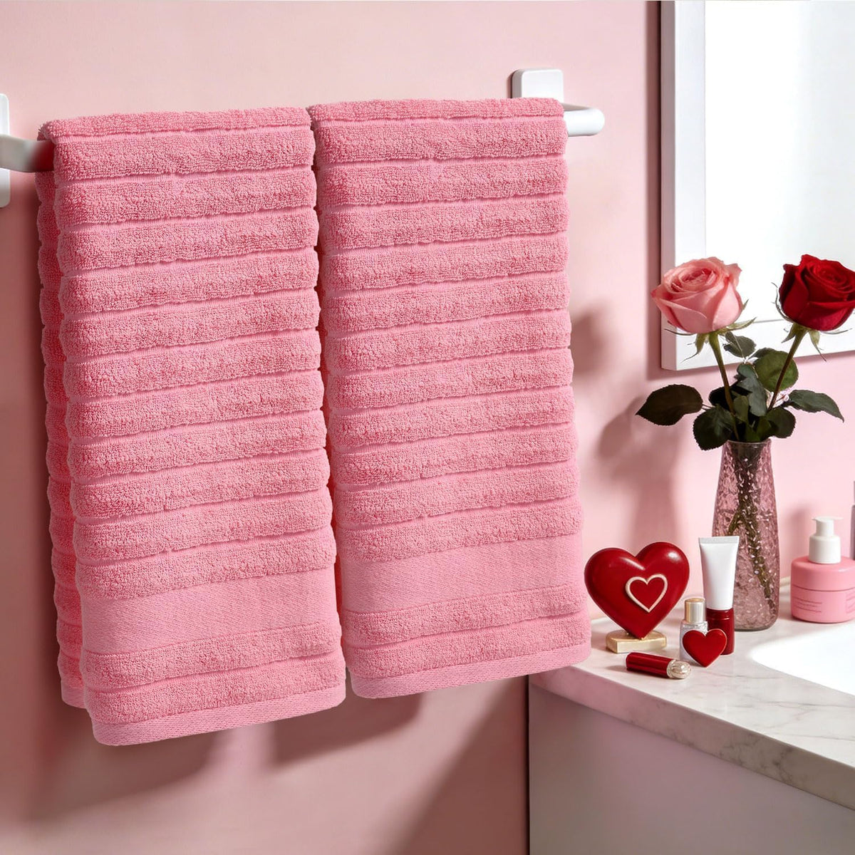2-Pack Hand Towels for Bathroom (Pink) Ribbed