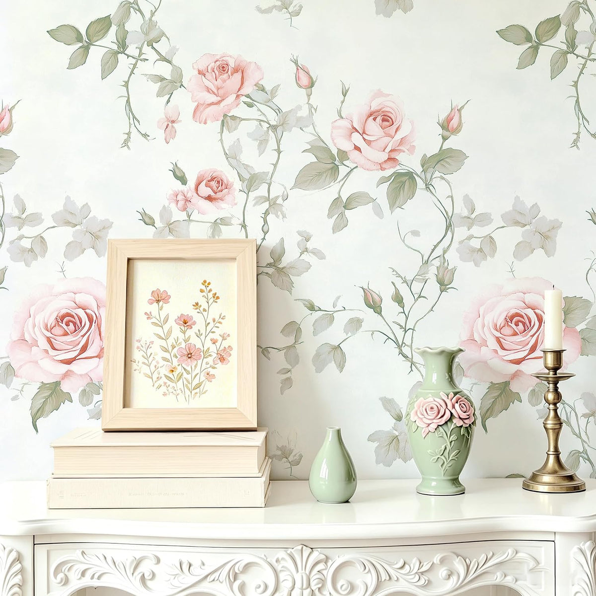 Floral Peel and Stick Wallpaper Pink Flower Wall Paper Vintage Botanical Green Leaf Contact Paper for Cabinet Bedroom Waterproof Self Adhesive Removable Vinyl Roll Deco 17.3" x 78.7"