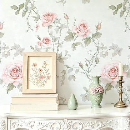 Floral Peel and Stick Wallpaper Pink Flower Wall Paper Vintage Botanical Green Leaf Contact Paper for Cabinet Bedroom Waterproof Self Adhesive Removable Vinyl Roll Deco 17.3" x 78.7"