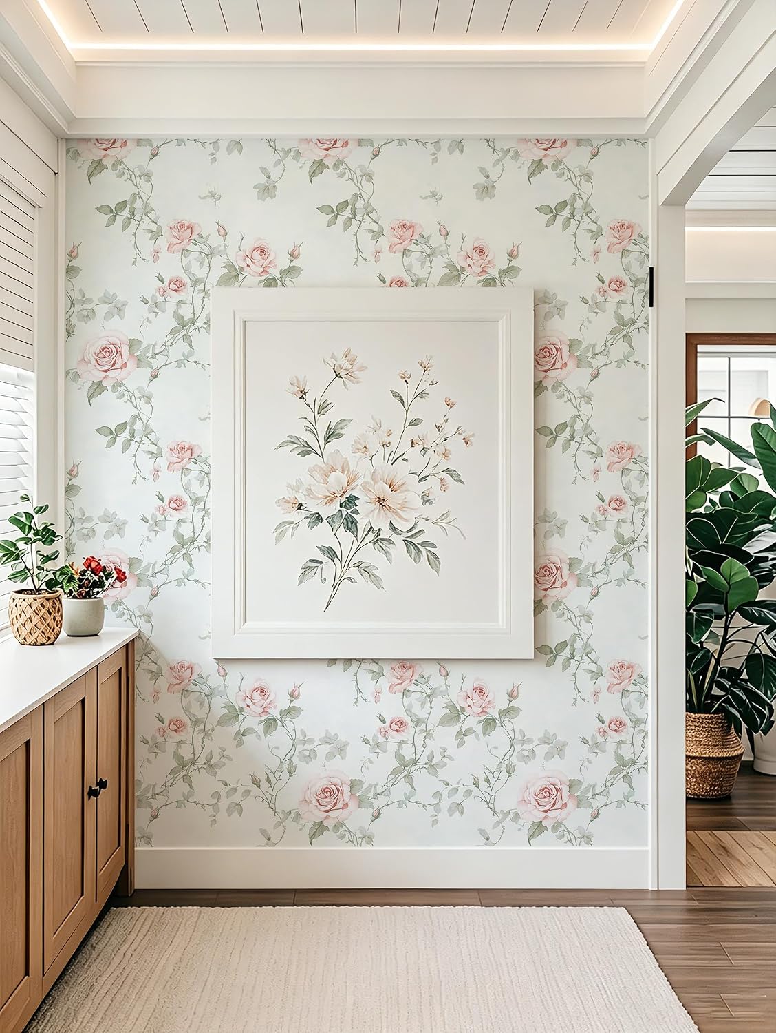 Floral Peel and Stick Wallpaper Pink Flower Wall Paper Vintage Botanical Green Leaf Contact Paper for Cabinet Bedroom Waterproof Self Adhesive Removable Vinyl Roll Deco 17.3" x 78.7"