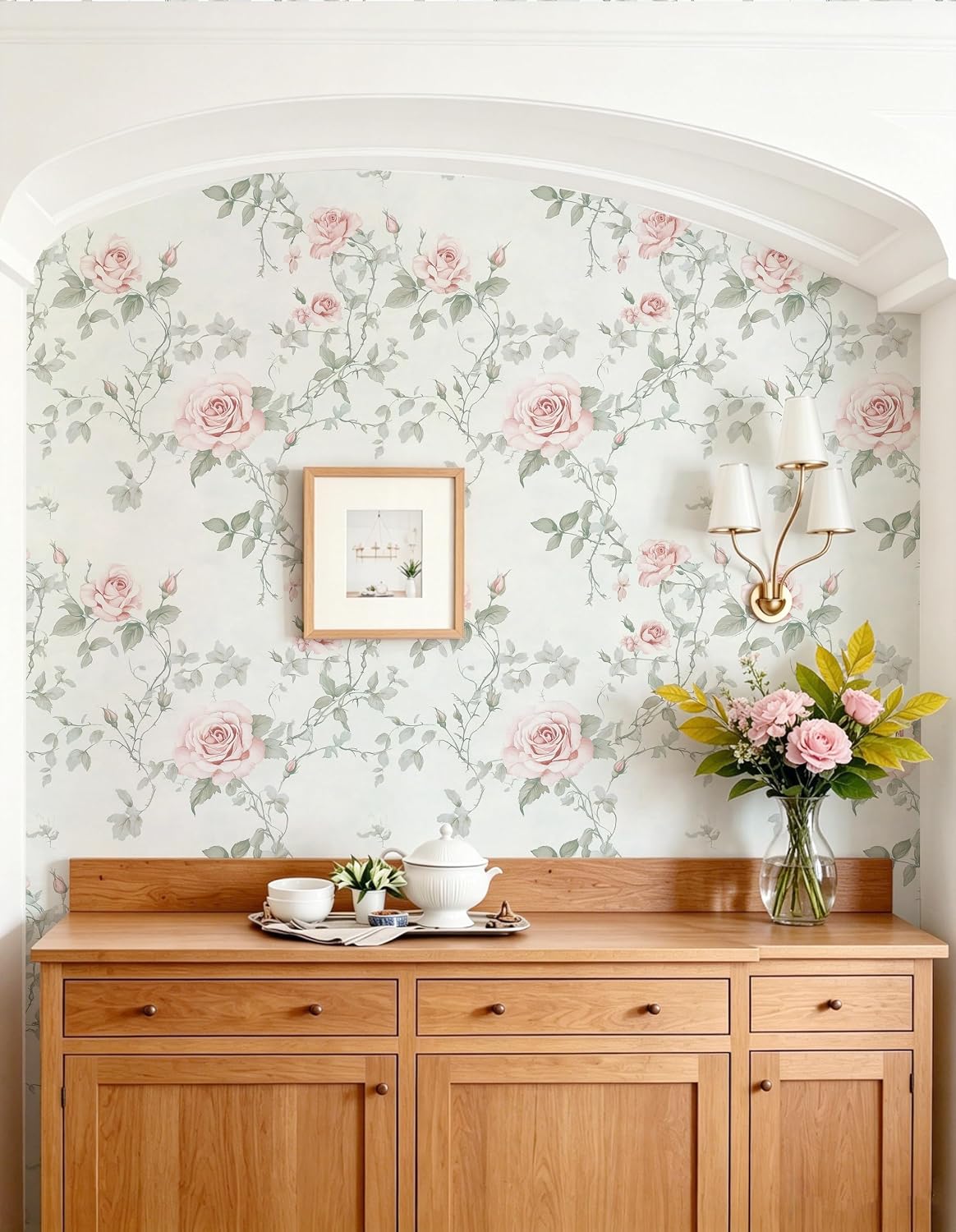 Floral Peel and Stick Wallpaper Pink Flower Wall Paper Vintage Botanical Green Leaf Contact Paper for Cabinet Bedroom Waterproof Self Adhesive Removable Vinyl Roll Deco 17.3" x 78.7"