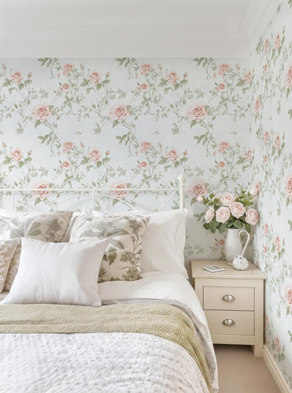 Floral Peel and Stick Wallpaper Pink Flower Wall Paper Vintage Botanical Green Leaf Contact Paper for Cabinet Bedroom Waterproof Self Adhesive Removable Vinyl Roll Deco 17.3" x 78.7"