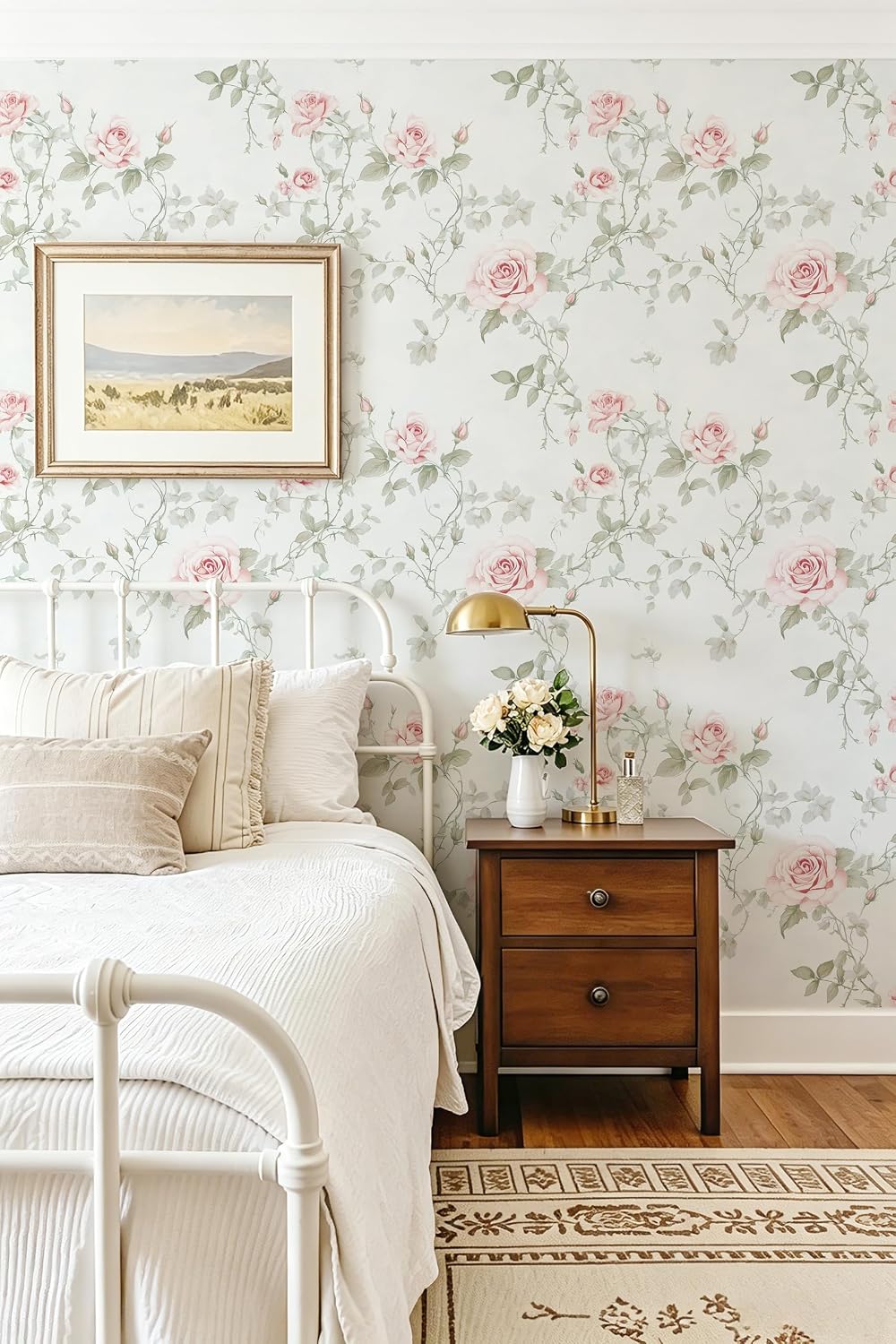 Floral Peel and Stick Wallpaper Pink Flower Wall Paper Vintage Botanical Green Leaf Contact Paper for Cabinet Bedroom Waterproof Self Adhesive Removable Vinyl Roll Deco 17.3" x 78.7"
