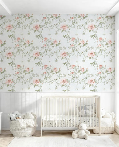 Floral Peel and Stick Wallpaper Pink Flower Wall Paper Vintage Botanical Green Leaf Contact Paper for Cabinet Bedroom Waterproof Self Adhesive Removable Vinyl Roll Deco 17.3" x 78.7"