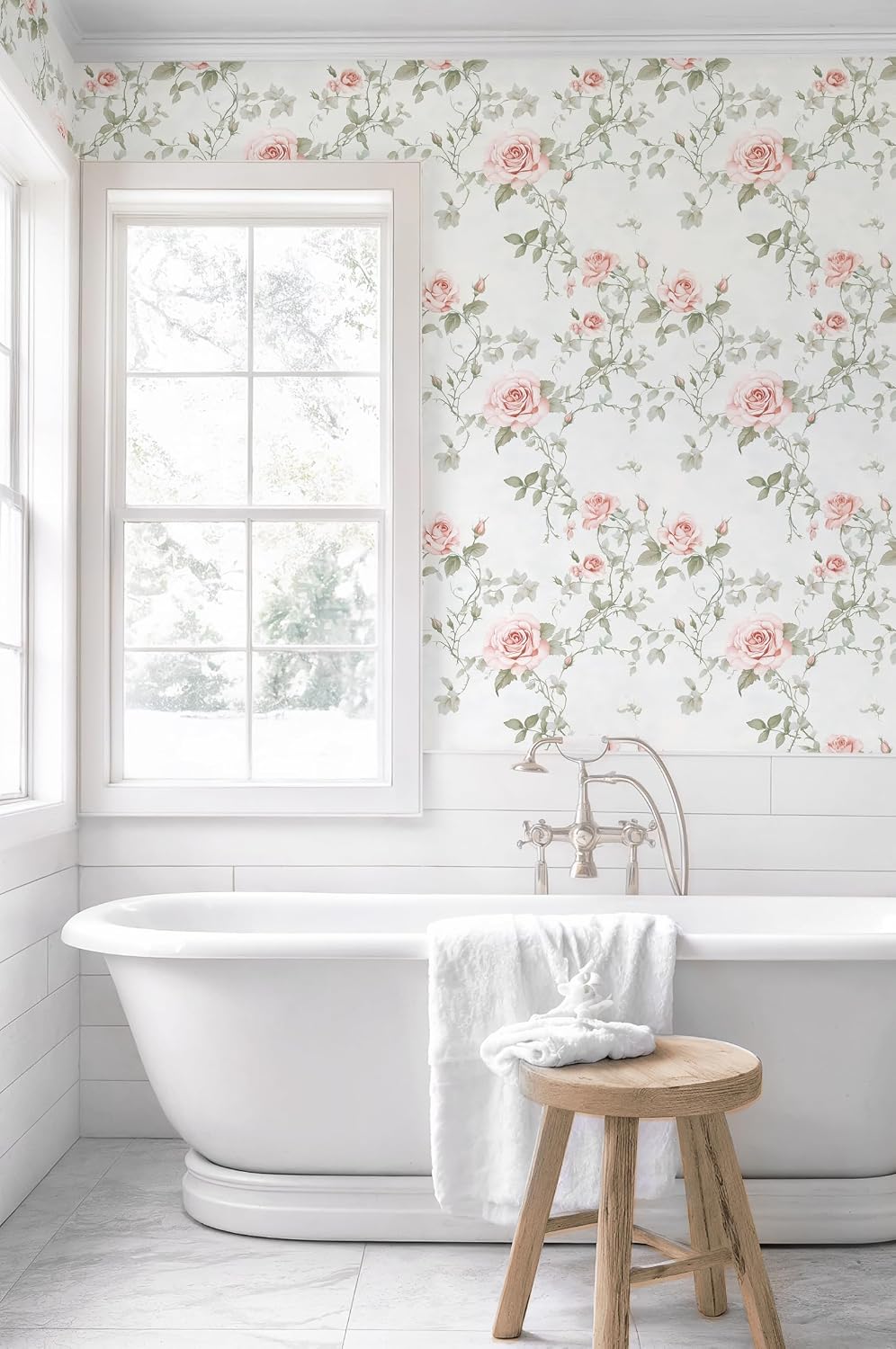 Floral Peel and Stick Wallpaper Pink Flower Wall Paper Vintage Botanical Green Leaf Contact Paper for Cabinet Bedroom Waterproof Self Adhesive Removable Vinyl Roll Deco 17.3" x 78.7"