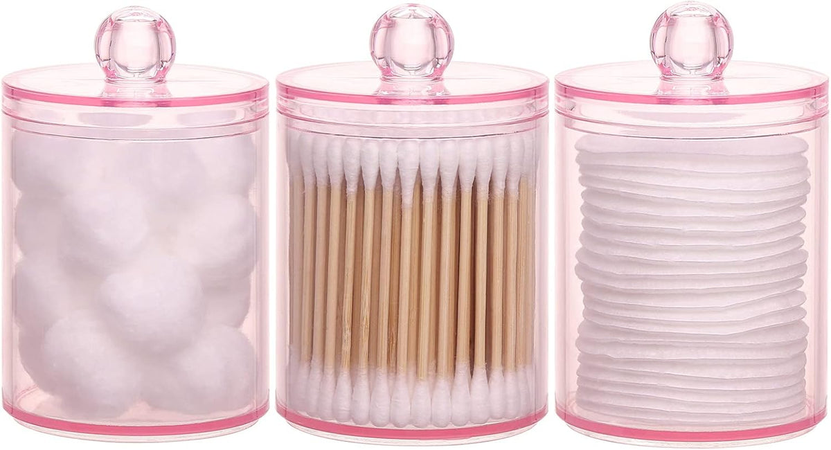 3 Pack Cotton Swab Ball Pad Holder, 10 Oz Qtip Apothecary Jar Pink Makeup Organizer, Bathroom Containers Dispenser