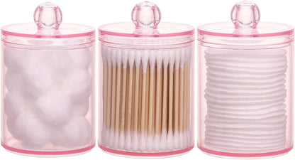 3 Pack Cotton Swab Ball Pad Holder, 10 Oz Qtip Apothecary Jar Pink Makeup Organizer, Bathroom Containers Dispenser