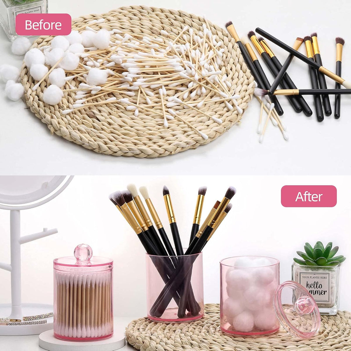 3 Pack Cotton Swab Ball Pad Holder, 10 Oz Qtip Apothecary Jar Pink Makeup Organizer, Bathroom Containers Dispenser