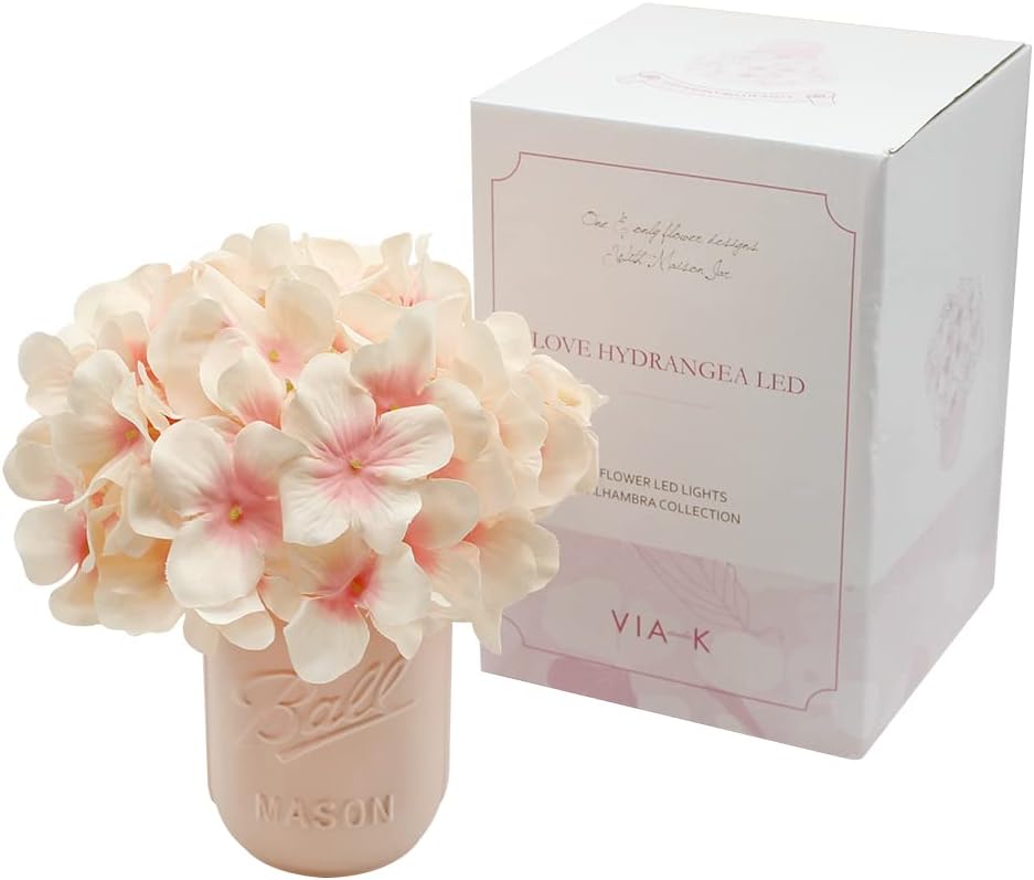 Hydrangea Mood Lamp, Cozy Aesthetic Flower Night Light for Bedroom & Desk, Calming Cordless LED Table Lamp, Battery Operated Floral Decor, Gift for Her, Pink
