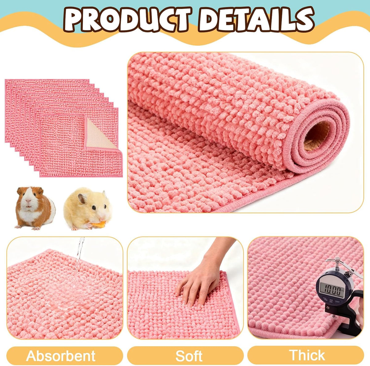 8 Pcs Guinea Pig Liner Washable Rabbit Cage Liner 16x12 Inch Guinea Pig Fleece Mats Reusable Bedding Pee Pads for Small Animals, Bunny(Pink)