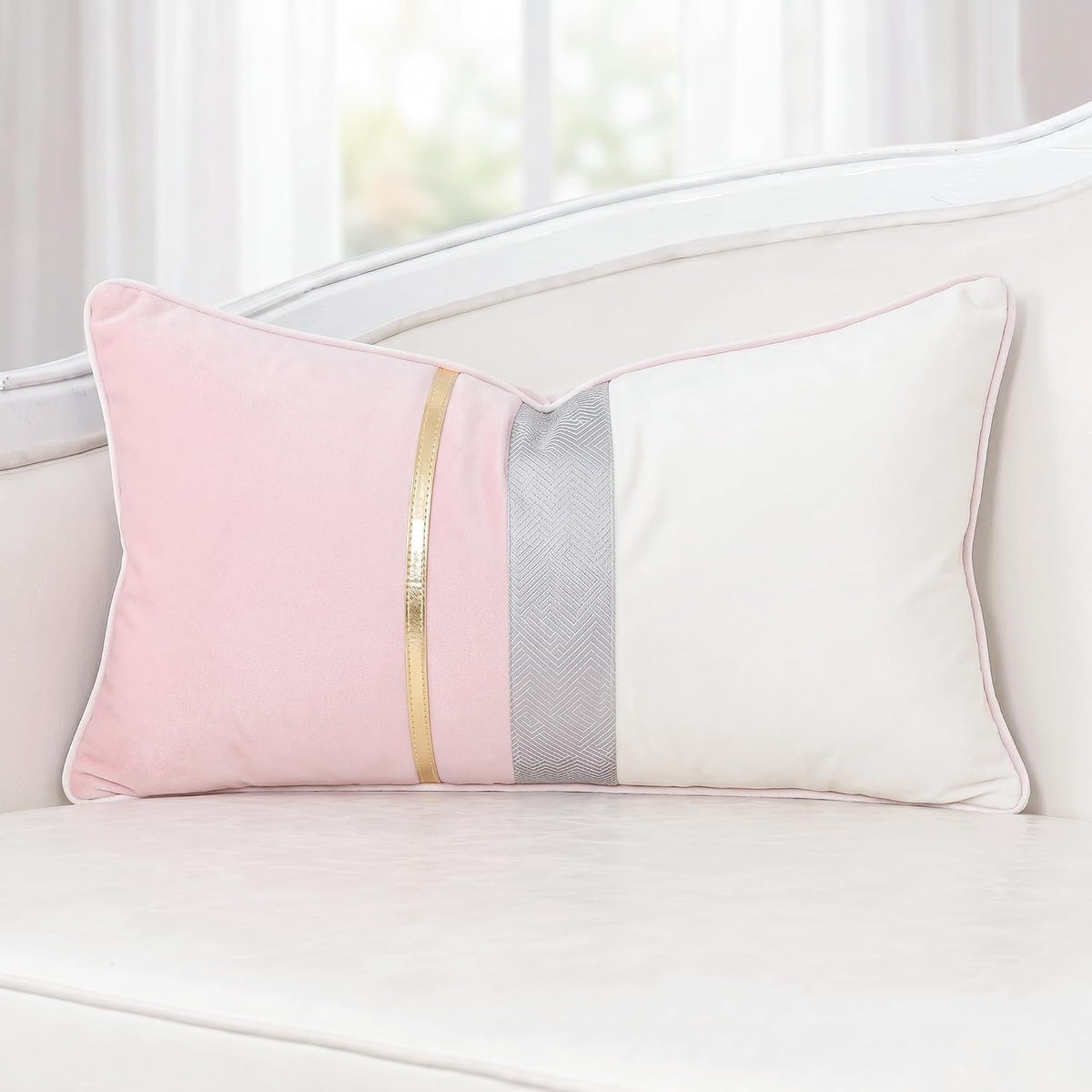 Patchwork Pink Silk-Like Velvet Throw Pillow Cover with Gold Striped Leather Cushion Case Modern Luxury Lumbar Pillowcase for Sofa Couch Bedroom Living Room Home,12x20 inch
