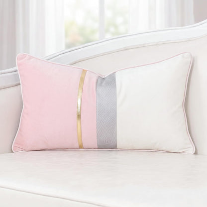 Patchwork Pink Silk-Like Velvet Throw Pillow Cover with Gold Striped Leather Cushion Case Modern Luxury Lumbar Pillowcase for Sofa Couch Bedroom Living Room Home,12x20 inch
