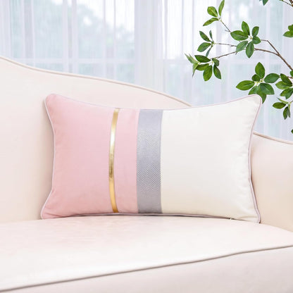 Patchwork Pink Silk-Like Velvet Throw Pillow Cover with Gold Striped Leather Cushion Case Modern Luxury Lumbar Pillowcase for Sofa Couch Bedroom Living Room Home,12x20 inch
