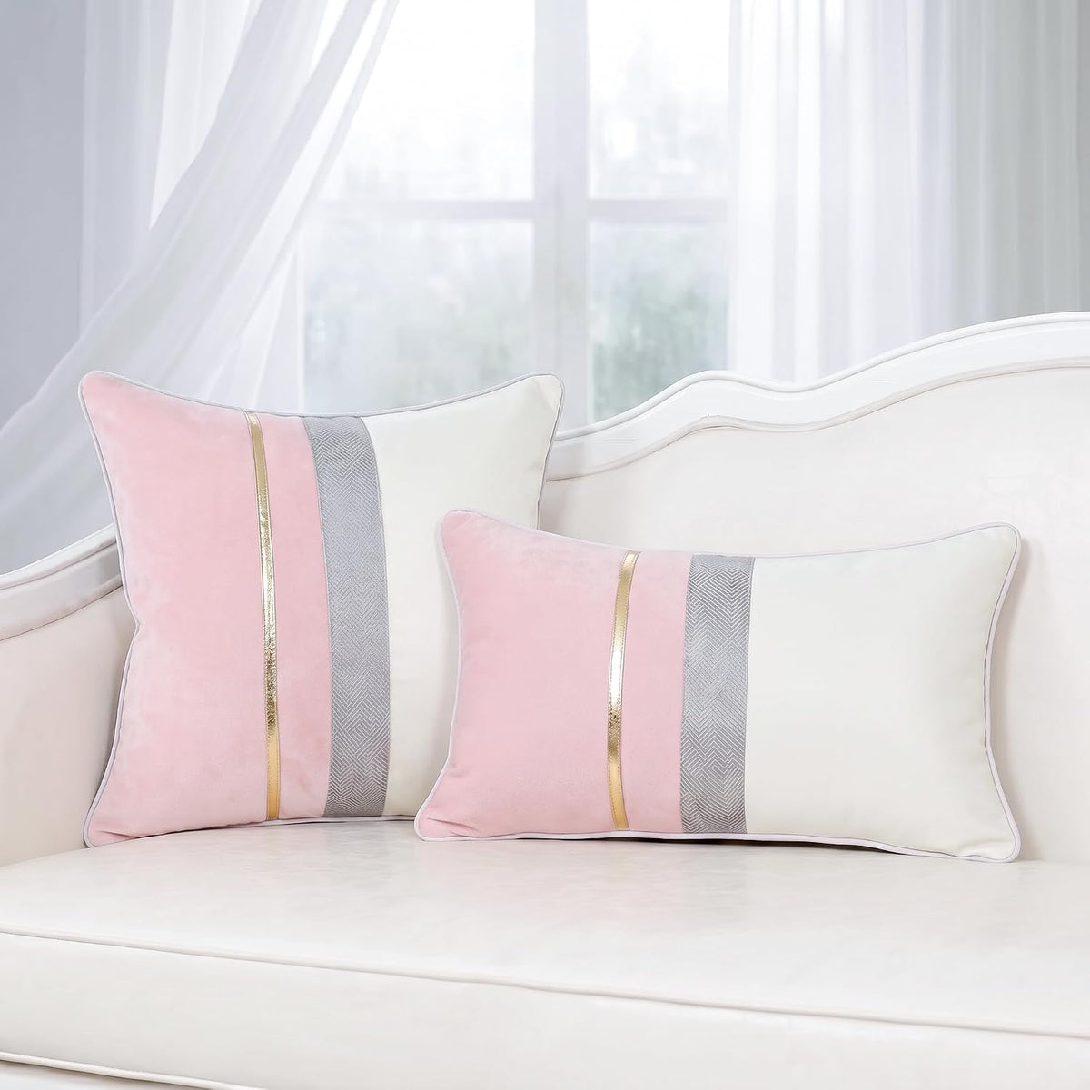 Patchwork Pink Silk-Like Velvet Throw Pillow Cover with Gold Striped Leather Cushion Case Modern Luxury Lumbar Pillowcase for Sofa Couch Bedroom Living Room Home,12x20 inch