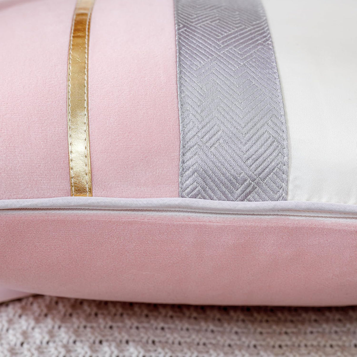 Patchwork Pink Silk-Like Velvet Throw Pillow Cover with Gold Striped Leather Cushion Case Modern Luxury Lumbar Pillowcase for Sofa Couch Bedroom Living Room Home,12x20 inch