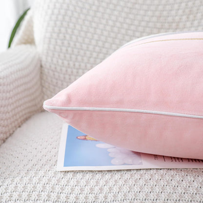 Patchwork Pink Silk-Like Velvet Throw Pillow Cover with Gold Striped Leather Cushion Case Modern Luxury Lumbar Pillowcase for Sofa Couch Bedroom Living Room Home,12x20 inch