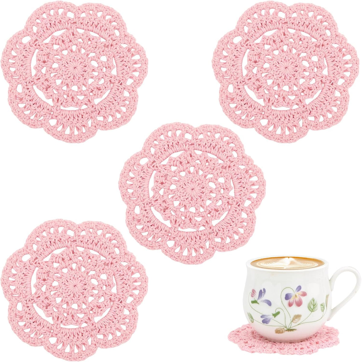 Small Crochet Cotton Lace Coasters Doilies Pack Set, 4pc, Round, 4 inch (Pink)