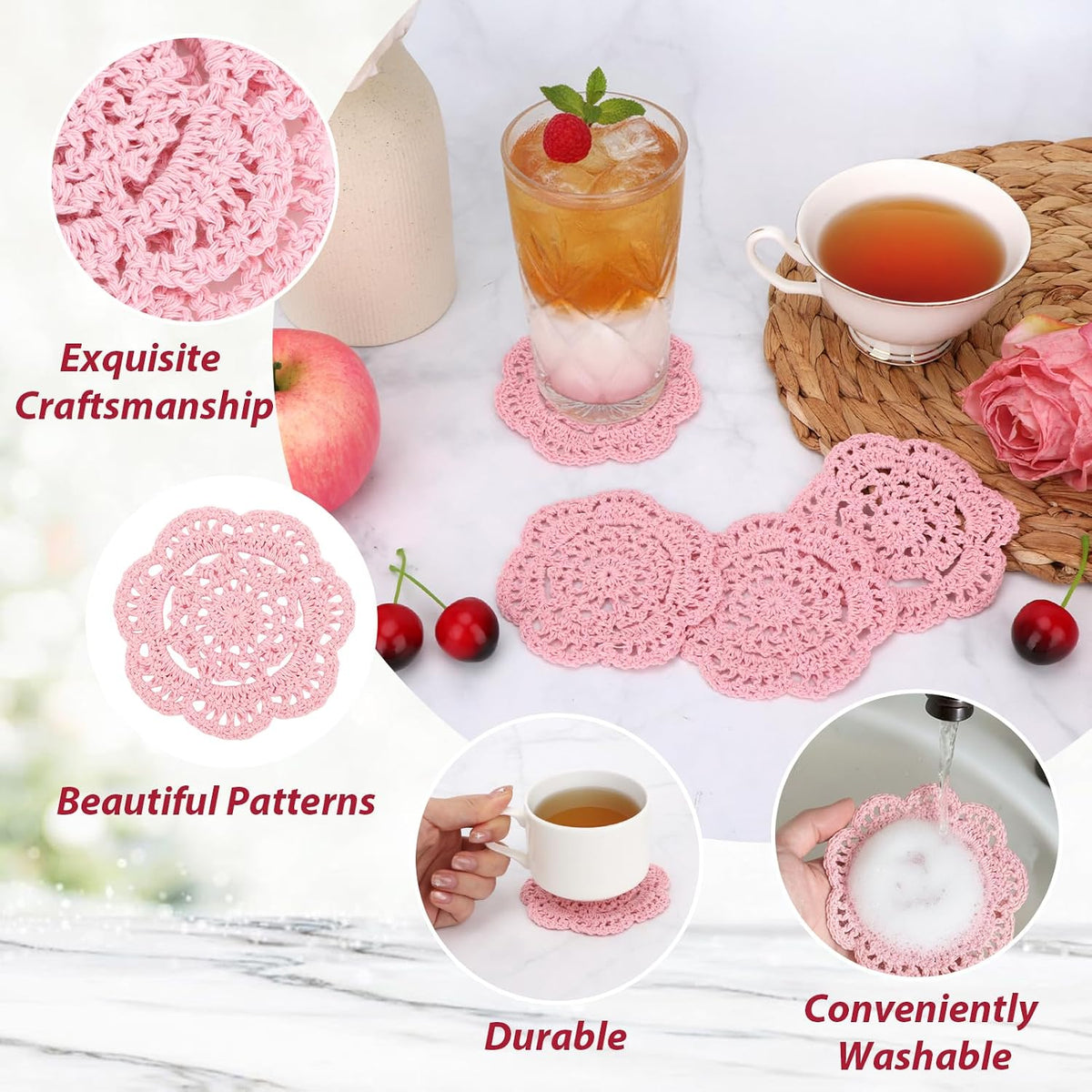 Small Crochet Cotton Lace Coasters Doilies Pack Set, 4pc, Round, 4 inch (Pink)