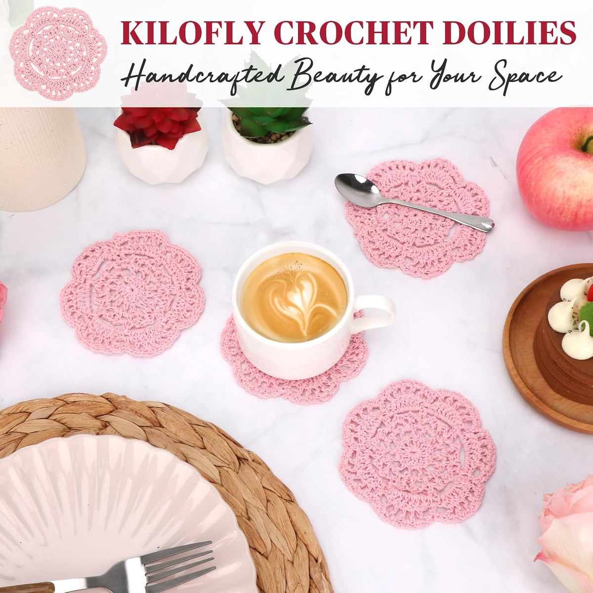 Small Crochet Cotton Lace Coasters Doilies Pack Set, 4pc, Round, 4 inch (Pink)