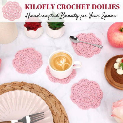 Small Crochet Cotton Lace Coasters Doilies Pack Set, 4pc, Round, 4 inch (Pink)