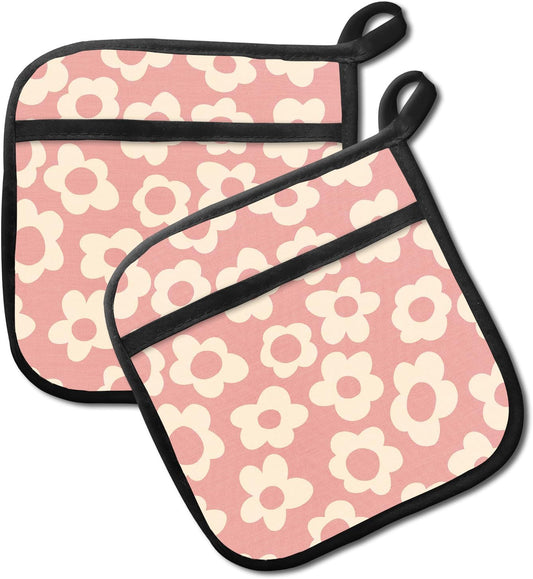 2 Pack Pot Holders for Kitchen Clearance, Cute Hot Pads, Funny Oven Pot Holders, Potholders Sets for Kitchen Heat Resistant Pink Cute Flowers
