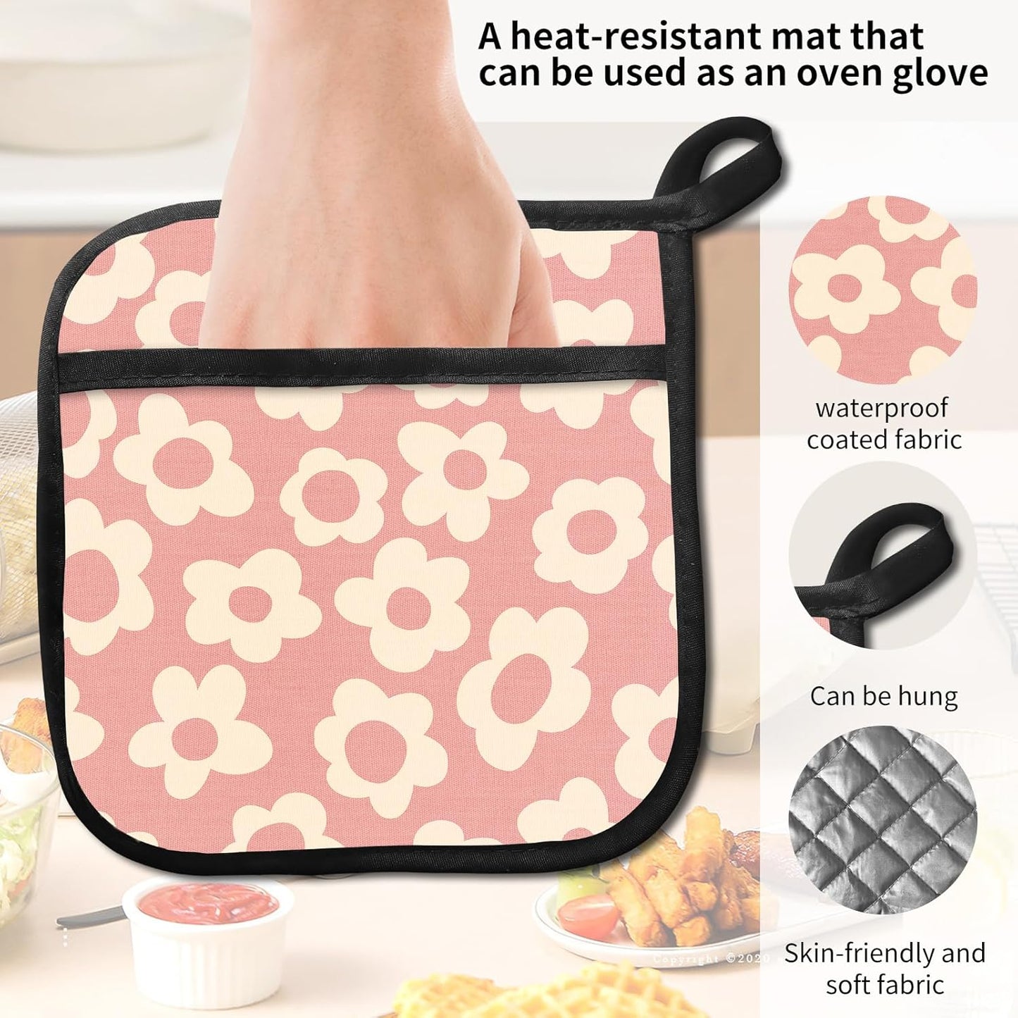 2 Pack Pot Holders for Kitchen Clearance, Cute Hot Pads, Funny Oven Pot Holders, Potholders Sets for Kitchen Heat Resistant Pink Cute Flowers