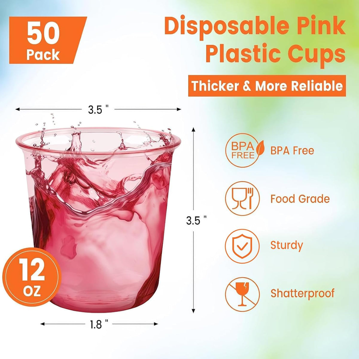 12 oz Pink Plastic Cups for Party, 50 Pack