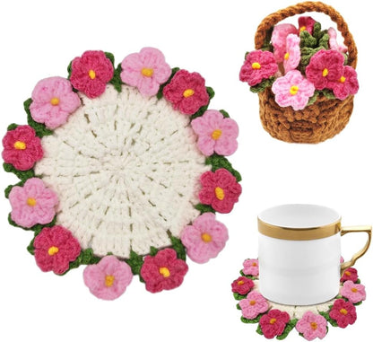 Crochet Flower Coasters with Knitted Forget Me Not: Completed Bar Coaster Flower Pot for Office Coffee Table Home Decor (Pink)