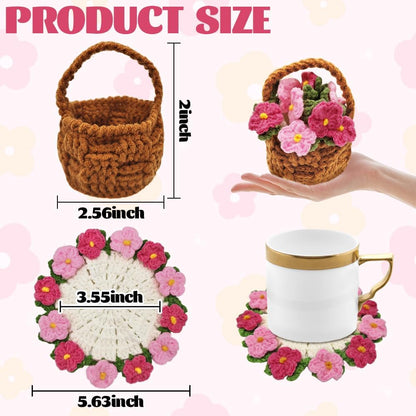 Crochet Flower Coasters with Knitted Forget Me Not: Completed Bar Coaster Flower Pot for Office Coffee Table Home Decor (Pink)