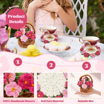 Crochet Flower Coasters with Knitted Forget Me Not: Completed Bar Coaster Flower Pot for Office Coffee Table Home Decor (Pink)
