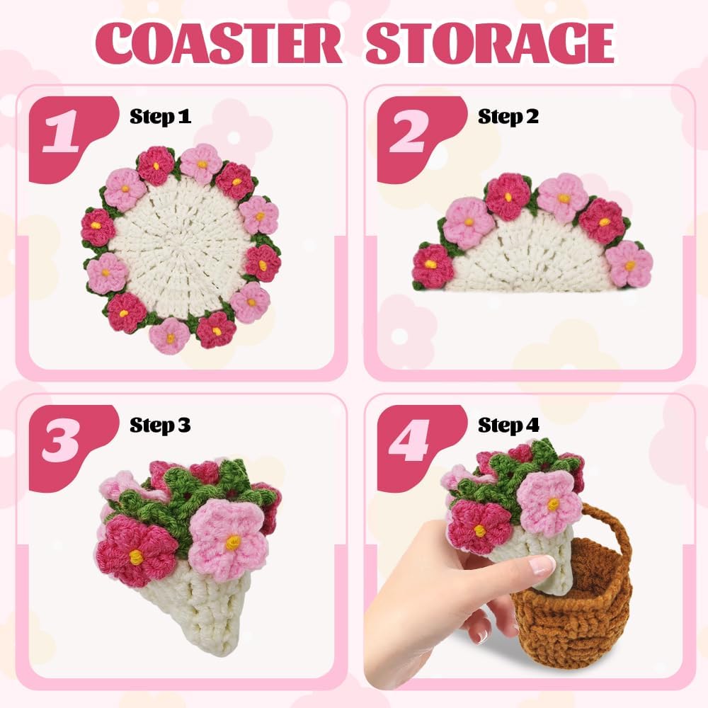 Crochet Flower Coasters with Knitted Forget Me Not: Completed Bar Coaster Flower Pot for Office Coffee Table Home Decor (Pink)
