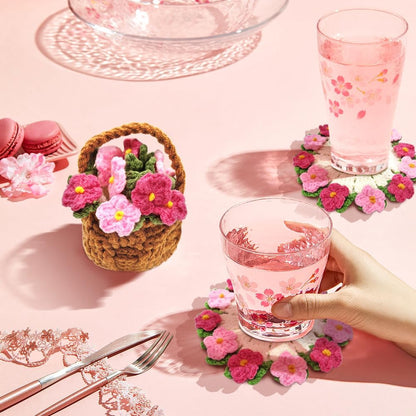Crochet Flower Coasters with Knitted Forget Me Not: Completed Bar Coaster Flower Pot for Office Coffee Table Home Decor (Pink)