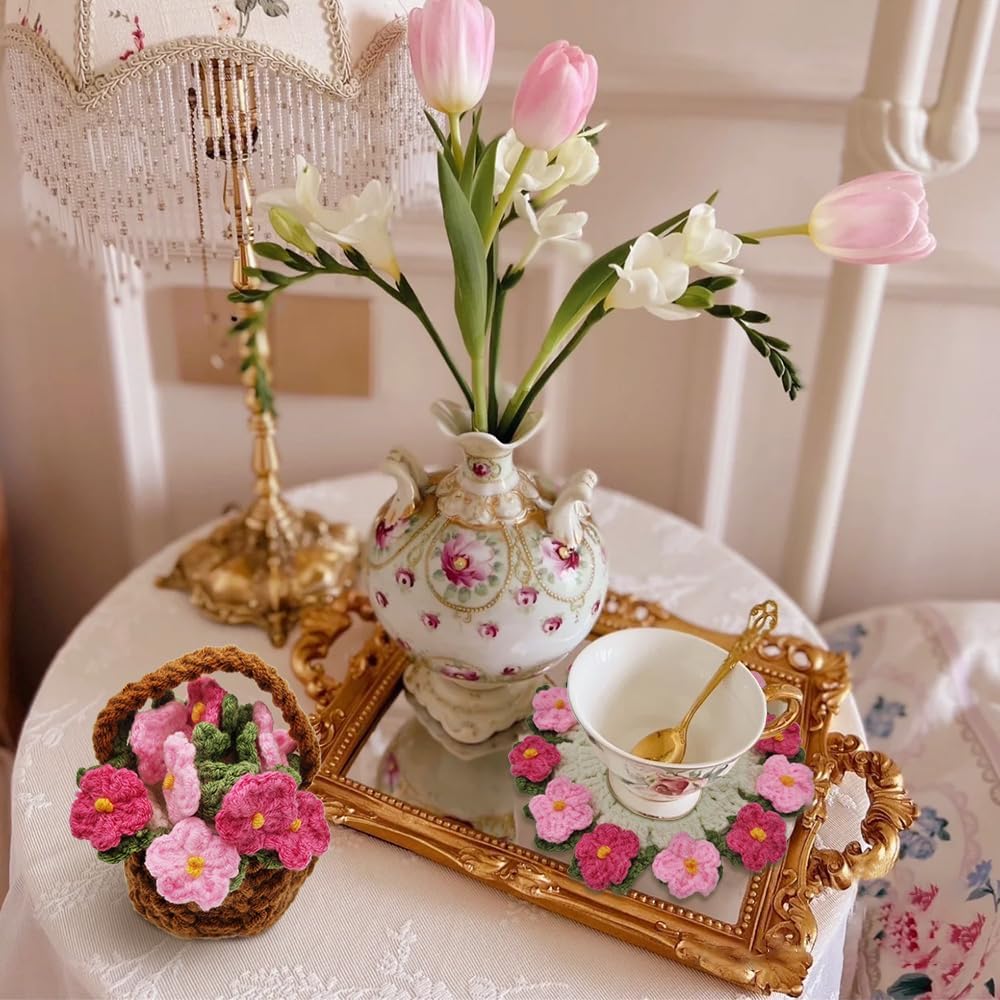 Crochet Flower Coasters with Knitted Forget Me Not: Completed Bar Coaster Flower Pot for Office Coffee Table Home Decor (Pink)