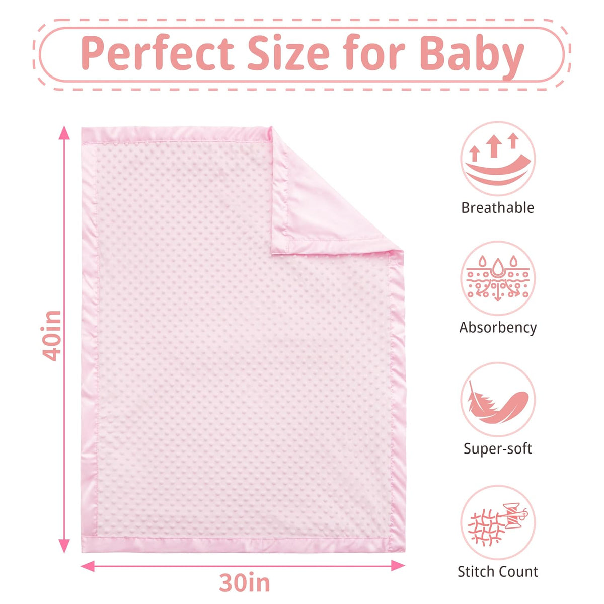 Baby Soft Minky Dot Blanket with Silky Satin Backing Baby Gifts for Girls（Pink, 30’’ x 40’’）