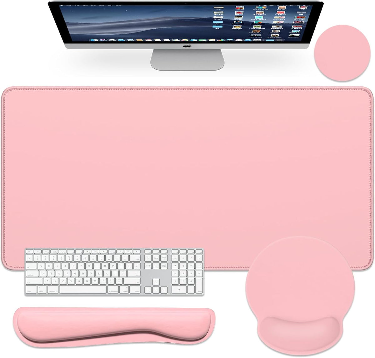 Large Gaming Mouse Pad, Pink Mouse Pads with Wrist Rest Wrist Support, 4in1 Big XXL Desk Mat Desk Pad + Ergonomic Mousepad + Memory Foam Keyboard Mat Wrist Rest + Coaster Set for Computer