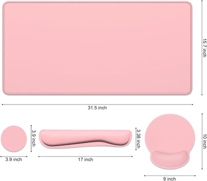 Large Gaming Mouse Pad, Pink Mouse Pads with Wrist Rest Wrist Support, 4in1 Big XXL Desk Mat Desk Pad + Ergonomic Mousepad + Memory Foam Keyboard Mat Wrist Rest + Coaster Set for Computer