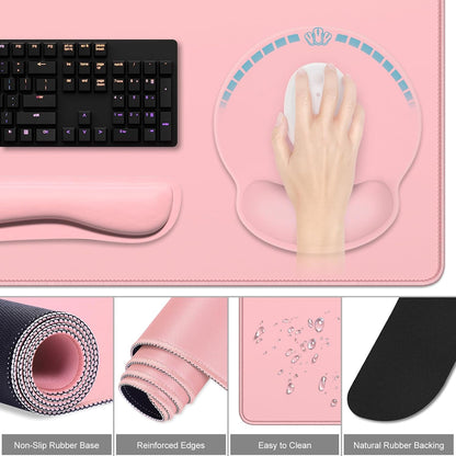 Large Gaming Mouse Pad, Pink Mouse Pads with Wrist Rest Wrist Support, 4in1 Big XXL Desk Mat Desk Pad + Ergonomic Mousepad + Memory Foam Keyboard Mat Wrist Rest + Coaster Set for Computer