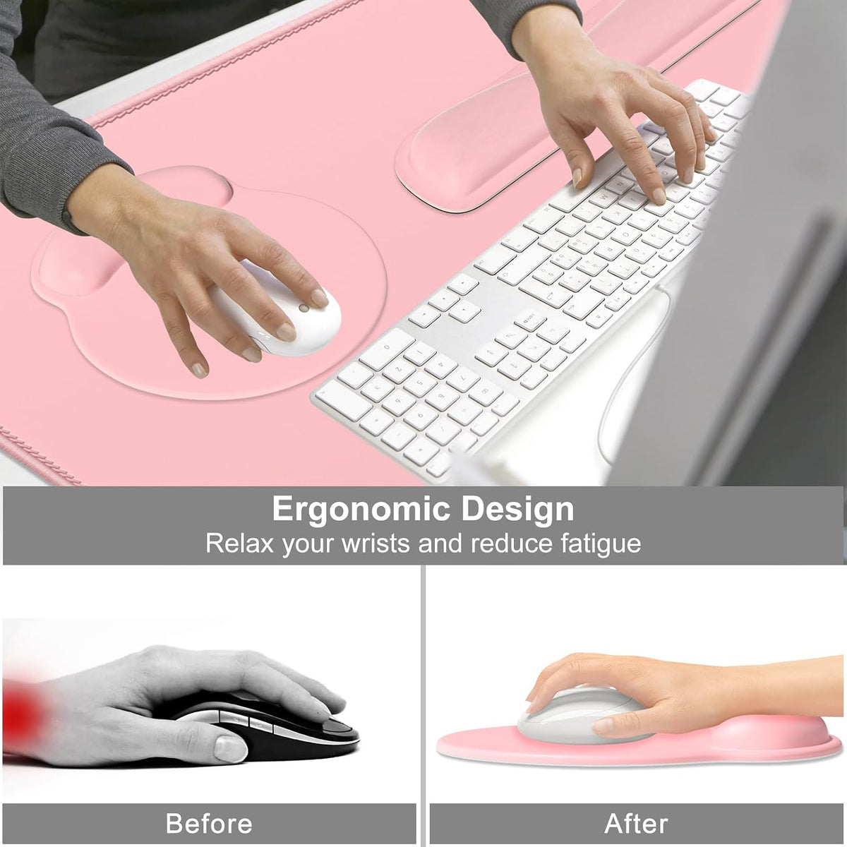 Large Gaming Mouse Pad, Pink Mouse Pads with Wrist Rest Wrist Support, 4in1 Big XXL Desk Mat Desk Pad + Ergonomic Mousepad + Memory Foam Keyboard Mat Wrist Rest + Coaster Set for Computer