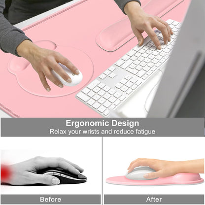 Large Gaming Mouse Pad, Pink Mouse Pads with Wrist Rest Wrist Support, 4in1 Big XXL Desk Mat Desk Pad + Ergonomic Mousepad + Memory Foam Keyboard Mat Wrist Rest + Coaster Set for Computer