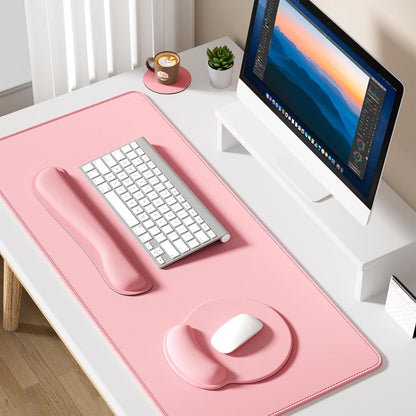Large Gaming Mouse Pad, Pink Mouse Pads with Wrist Rest Wrist Support, 4in1 Big XXL Desk Mat Desk Pad + Ergonomic Mousepad + Memory Foam Keyboard Mat Wrist Rest + Coaster Set for Computer