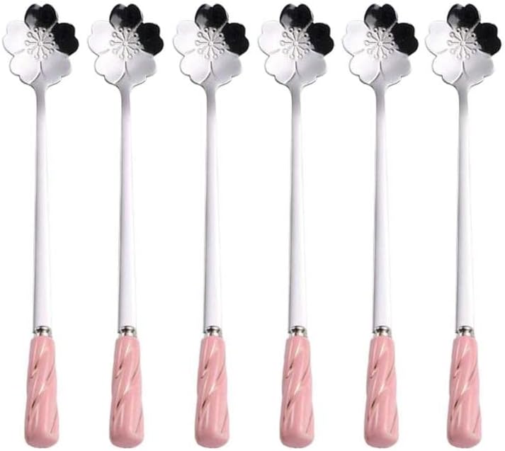 Dessert Spoon Ice Cream Coffee Spoon Stainless Steel Teaspoons Stirring Pink Silver - Set of 6 Delicate Ceramic Handle Cherry Blossoms Shape