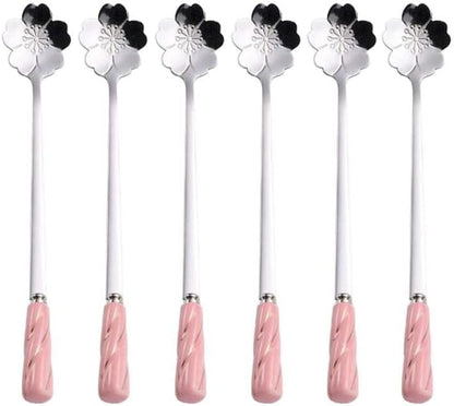 Dessert Spoon Ice Cream Coffee Spoon Stainless Steel Teaspoons Stirring Pink Silver - Set of 6 Delicate Ceramic Handle Cherry Blossoms Shape