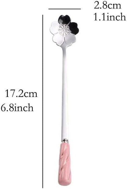 Dessert Spoon Ice Cream Coffee Spoon Stainless Steel Teaspoons Stirring Pink Silver - Set of 6 Delicate Ceramic Handle Cherry Blossoms Shape
