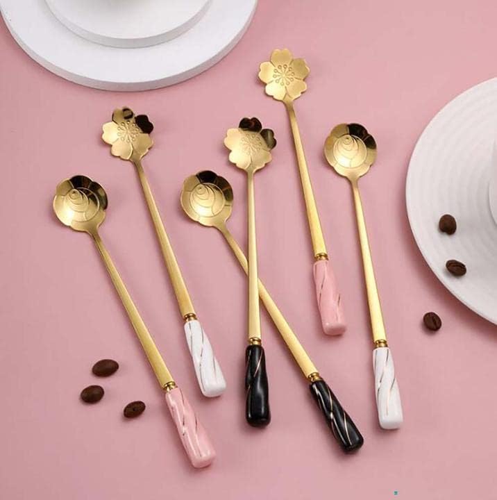 Dessert Spoon Ice Cream Coffee Spoon Stainless Steel Teaspoons Stirring Pink Silver - Set of 6 Delicate Ceramic Handle Cherry Blossoms Shape