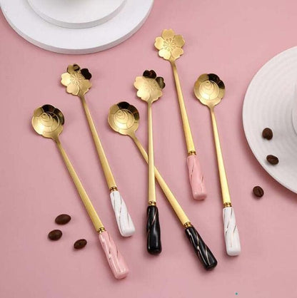 Dessert Spoon Ice Cream Coffee Spoon Stainless Steel Teaspoons Stirring Pink Silver - Set of 6 Delicate Ceramic Handle Cherry Blossoms Shape