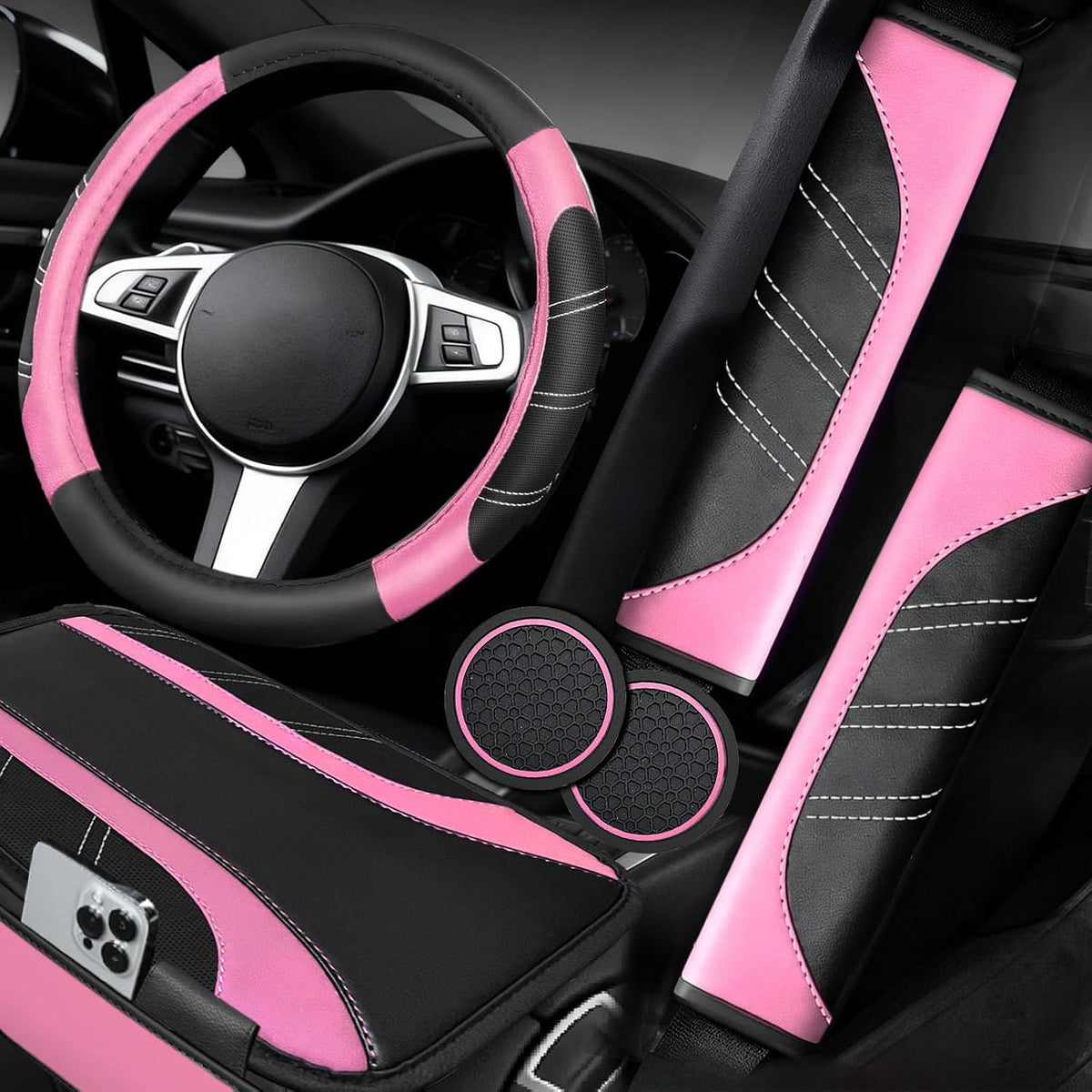6 Pcs Pink Steering Wheel Cover Set, Sport Microfiber Leather Steering Wheel Cover 14.5-15inch Universal, Car Center Console Cover, Seat Belt Cushion, Cup Coasters, Pink Car Accessories Set